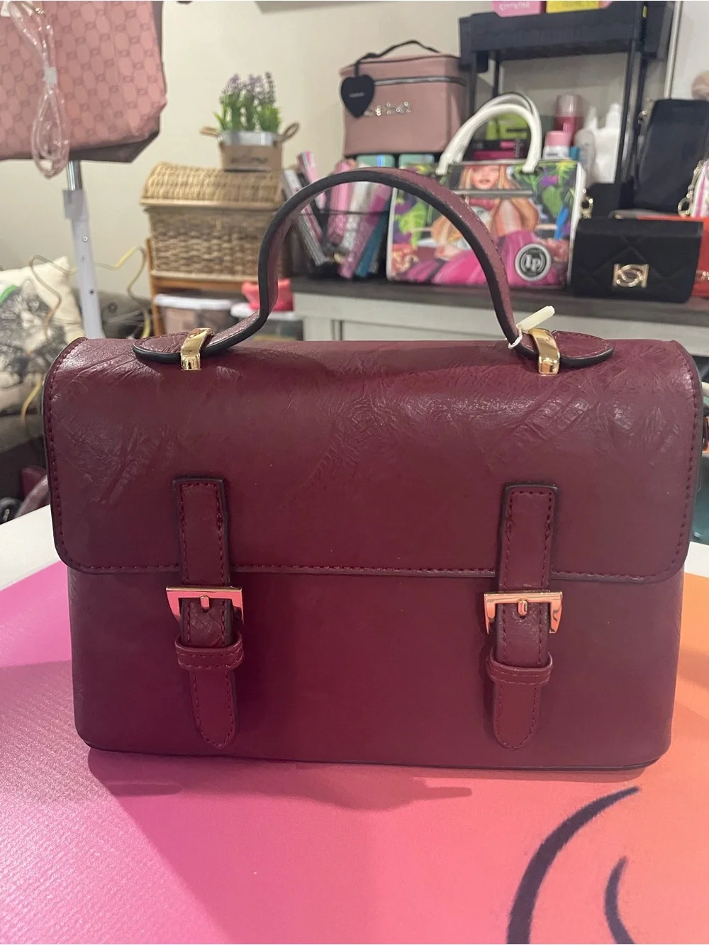 Women's Burgundy Top-Handle Satchel with Gold Hardware